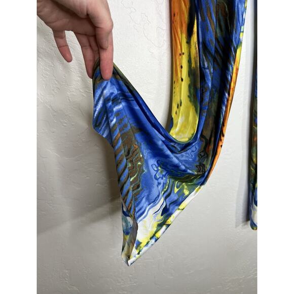 Maximalist Abstract Cullotte Pants Full Length Yellow & Blue Floral Waves NWOT - Picture 2 of 13